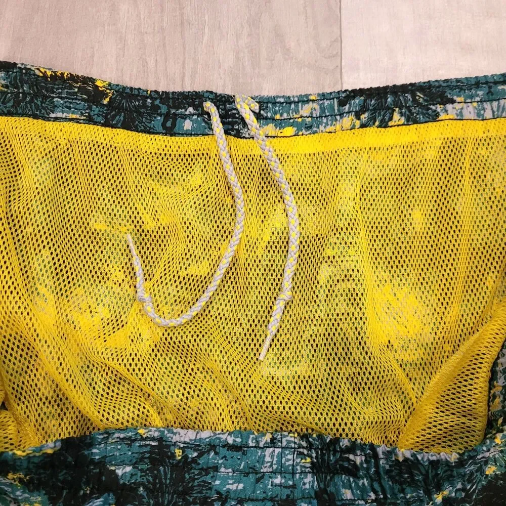 Nike XXL Hawaiian Tropical Swim Trunks All Over Print Mesh Lining Blue Yellow